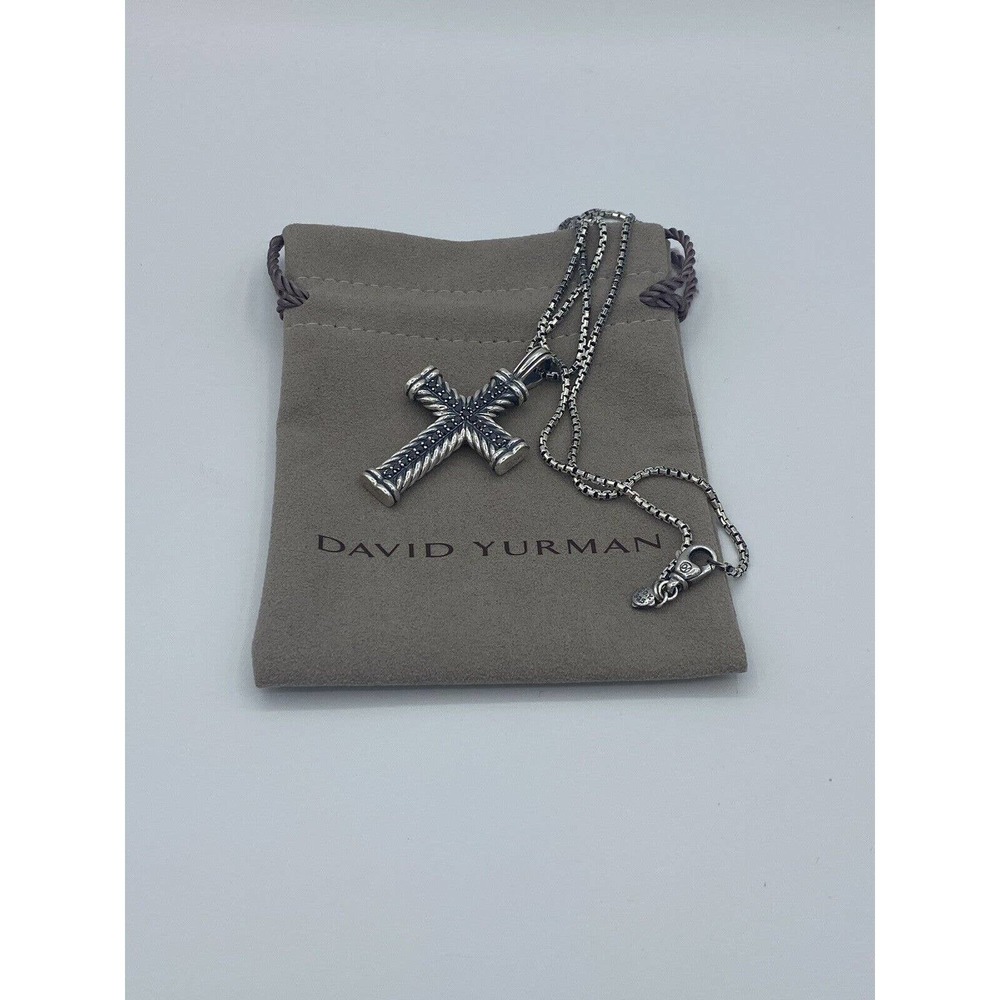 David Yurman Sterling Silver Chevron Cross Necklace w/ Black Diamonds 20”